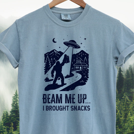 Bigfoot Tee — "Beam Me Up, Brought Snacks" T-Shirt
