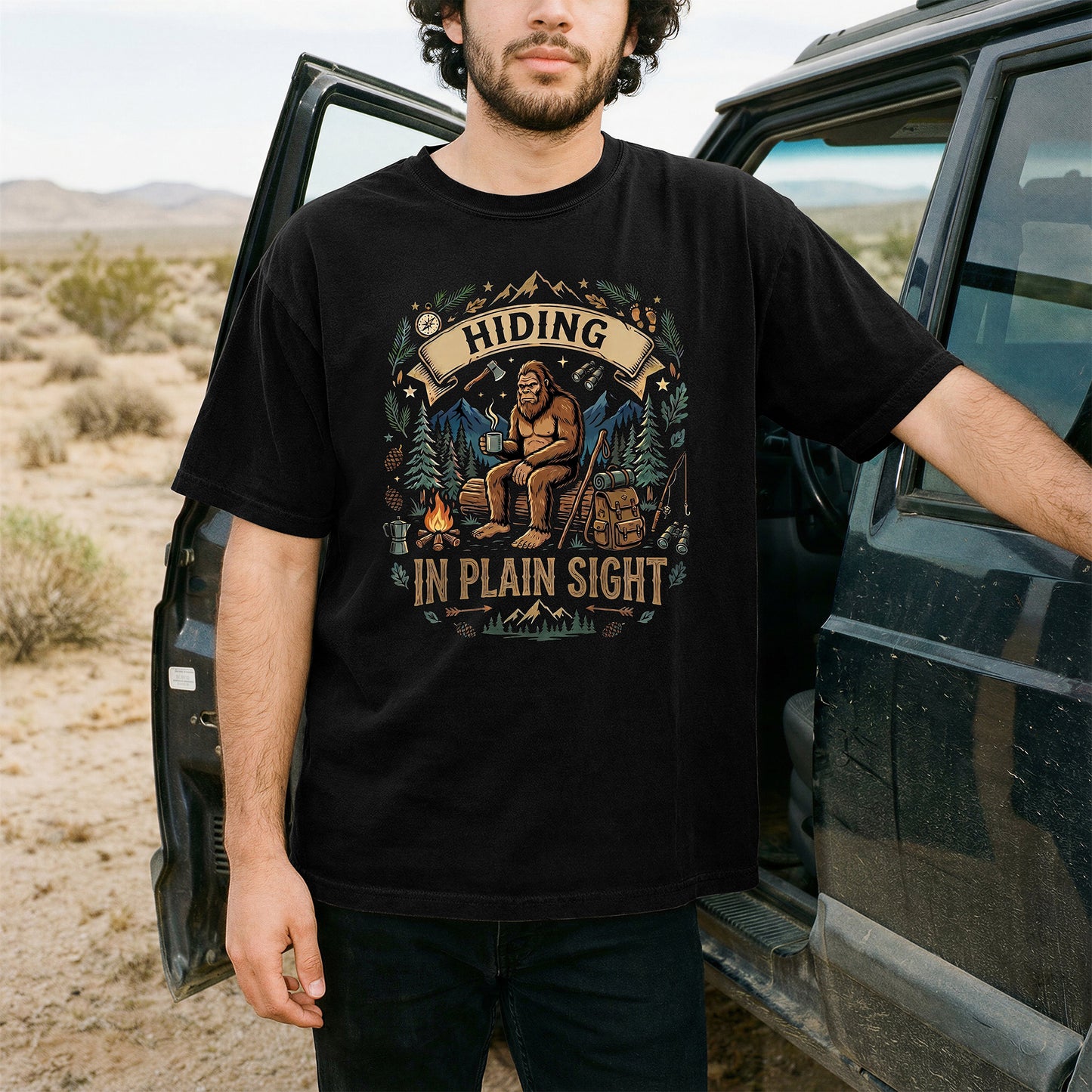 "Hiding In Plain Sight" Forest Design  –  Retro Bigfoot Tee