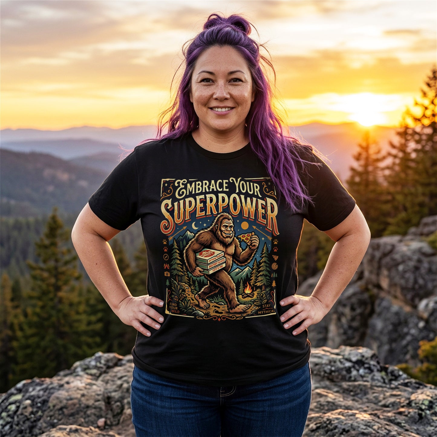 Embrace Your Superpower – Retro Bigfoot Pizza Tee