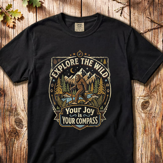 Explore The Wild, Your Joy Is Your Compass –––  Bigfoot Retro Tee