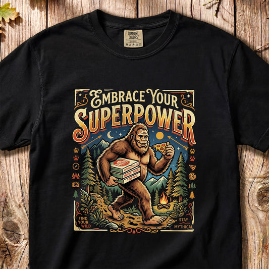 Embrace Your Superpower – Retro Bigfoot Pizza Tee